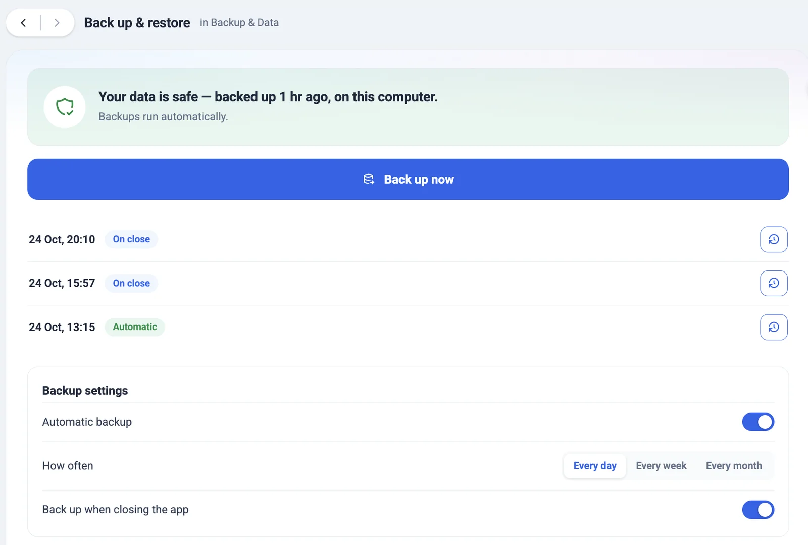 Back up and restore: last backup an hour ago, a list of backups to restore from, and automatic daily backup