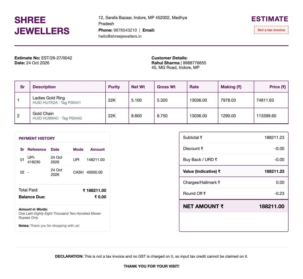 A printed estimate, marked not a tax invoice, with no GST