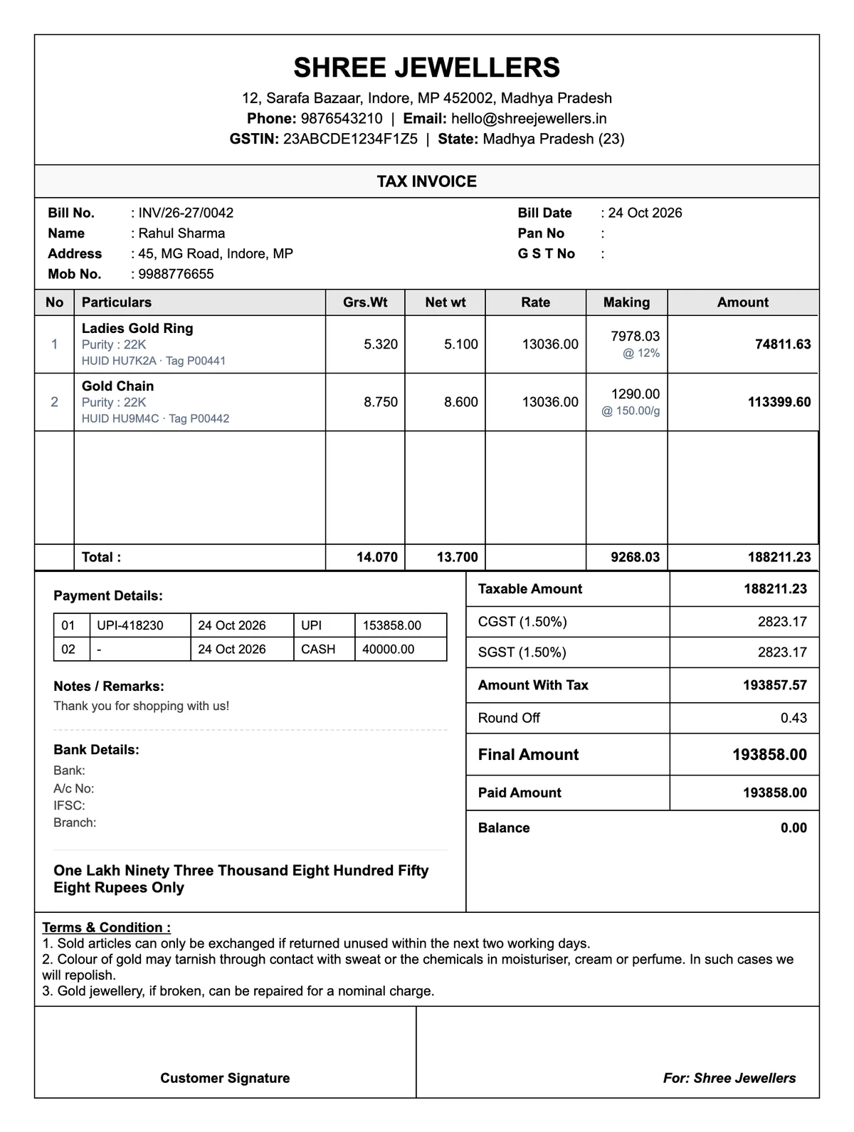 A printed tax invoice: two 22K pieces with HUID, CGST and SGST, and the final amount
