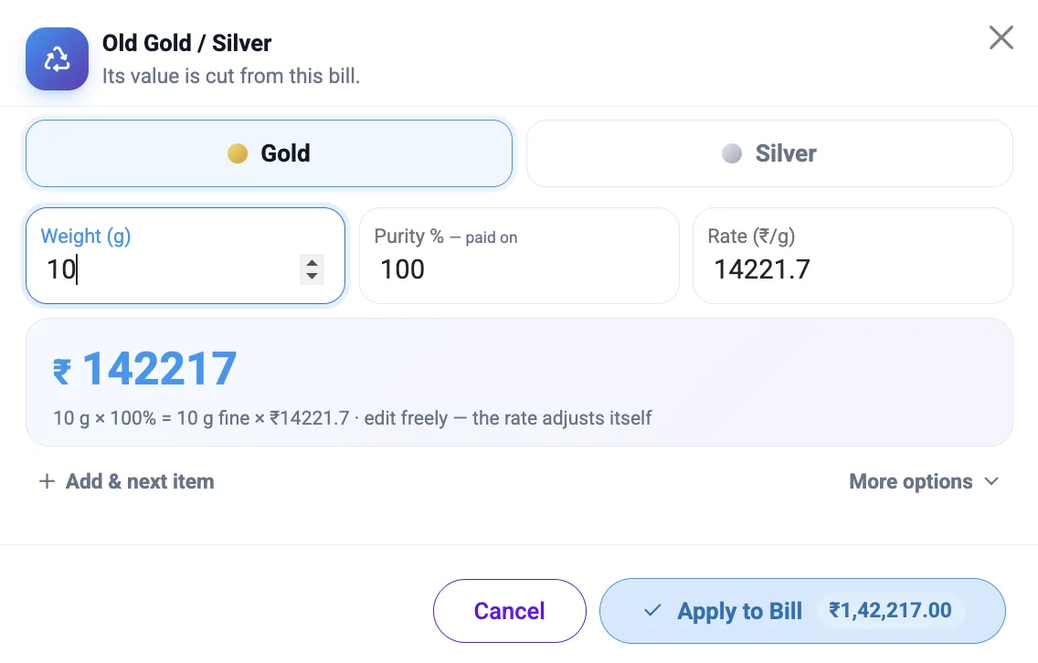 The old gold window: weight, purity and rate, and its value cut from the bill