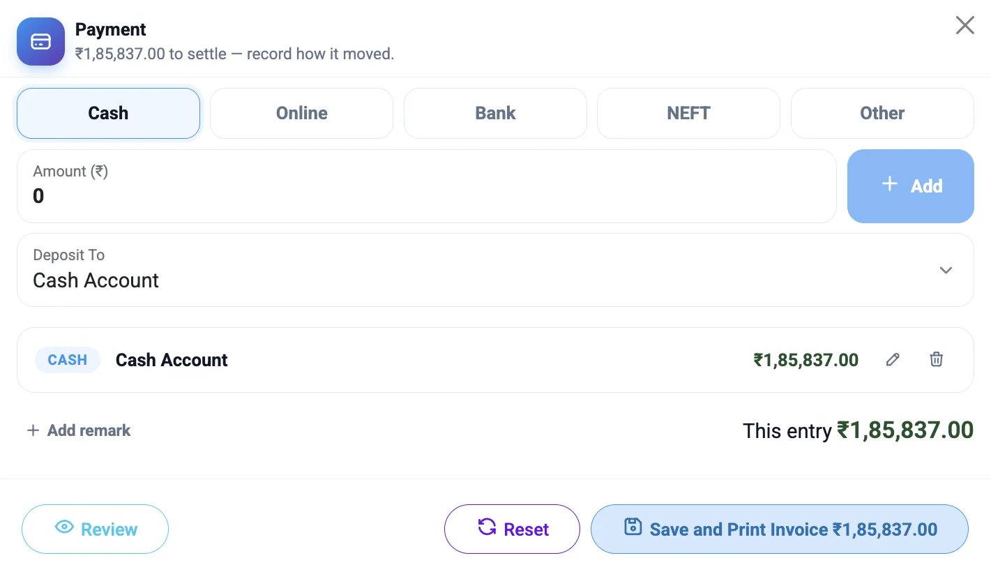 The payment window: cash, online, bank or NEFT, each line added until the bill is settled