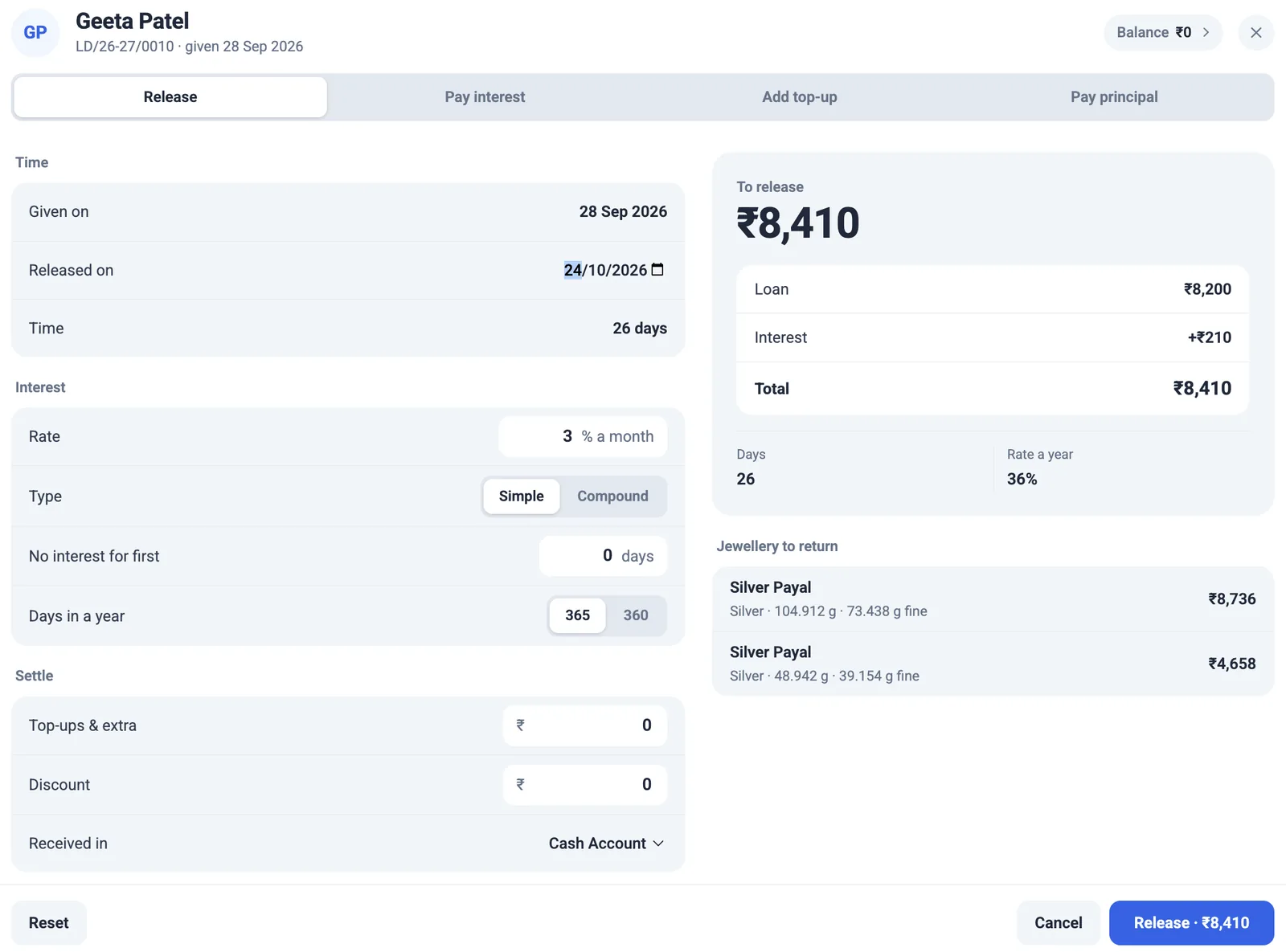 The girvi release window: days, rate, simple or compound interest, and the amount to release
