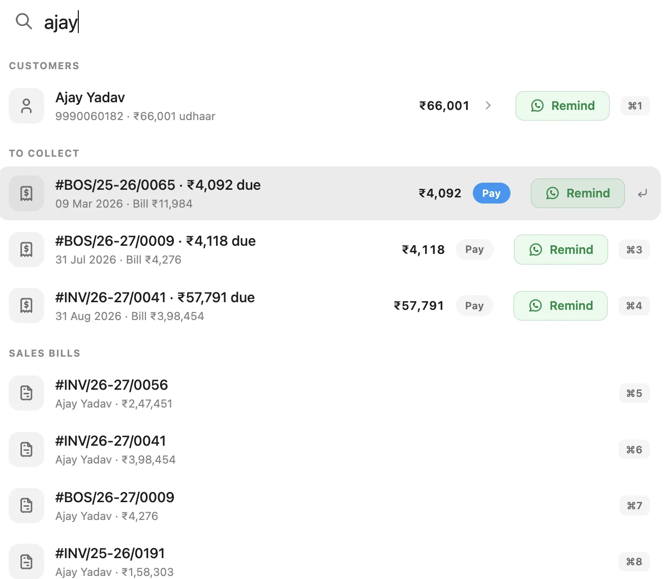 Search for a customer: their dues, each with Pay and Remind