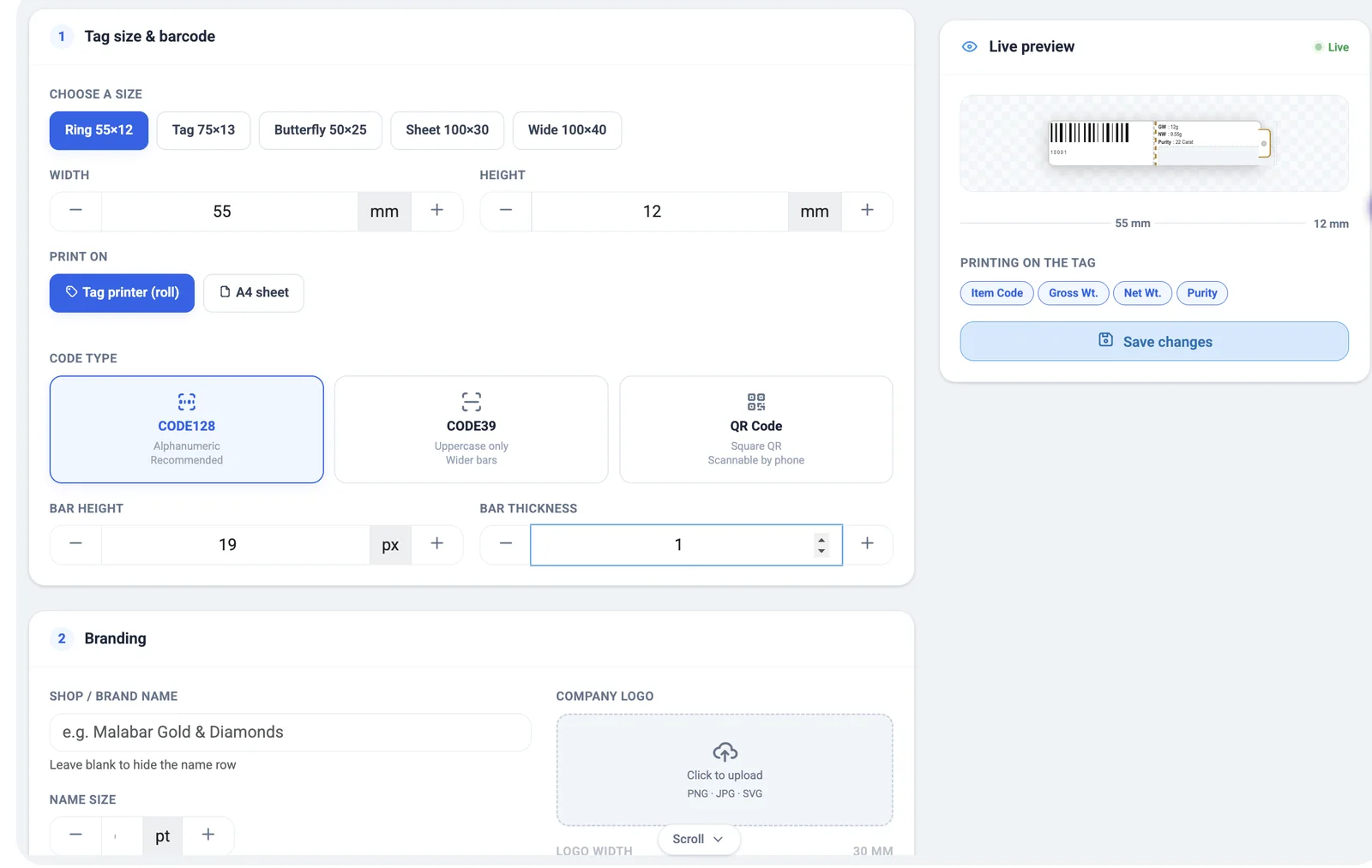 The tag designer: five tag sizes, roll or A4, barcode or QR, with a live preview