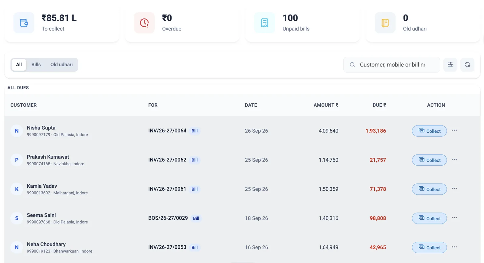 The udhari list: each unpaid bill with what is due and a Collect button